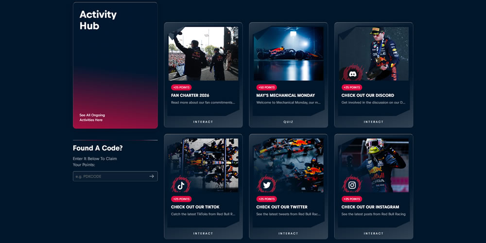 L'activity Hub della piattaforma MyPaddock di Red Bull Racing